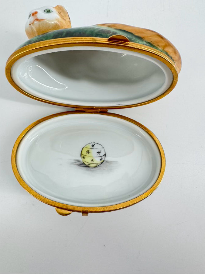 LIMOGES Brown & Green Cat Ceramic Trinket Box