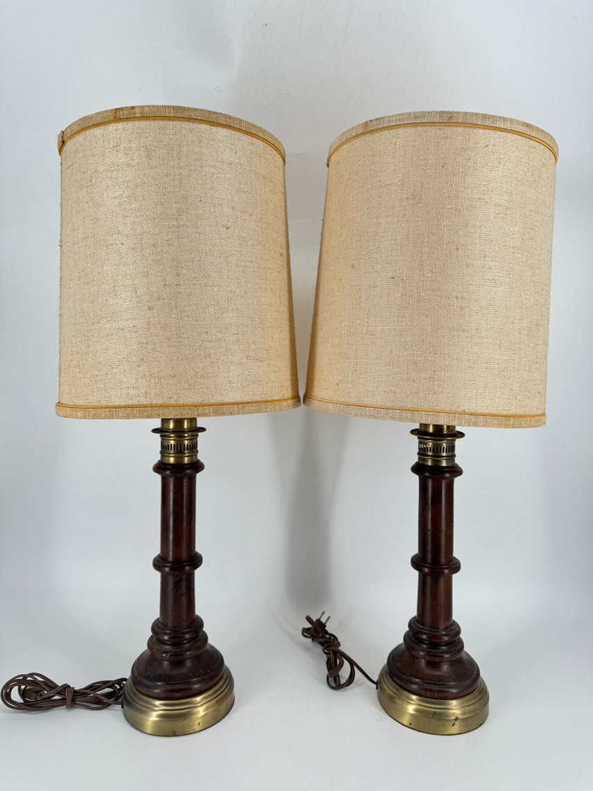 VINTAGE Wood & Brass Pair of Lamps