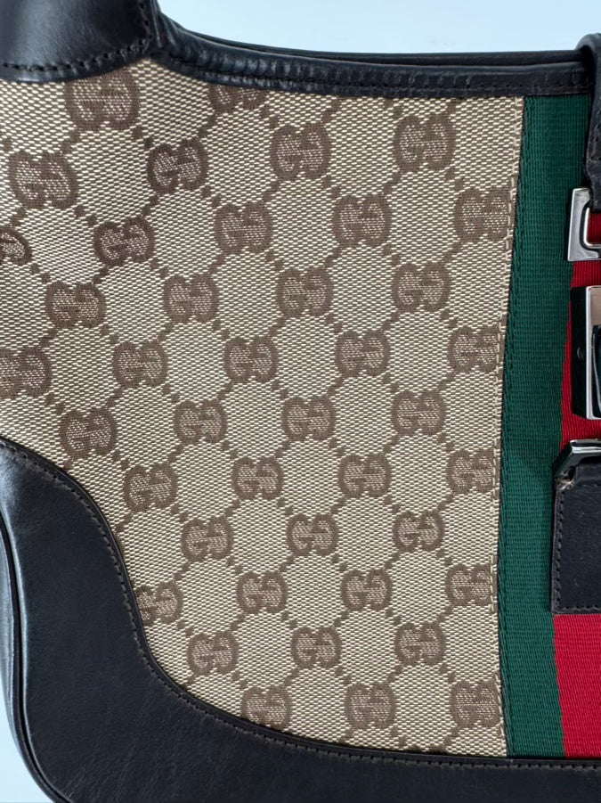 GUCCI Tan Canvas Monogram Jackie Purse