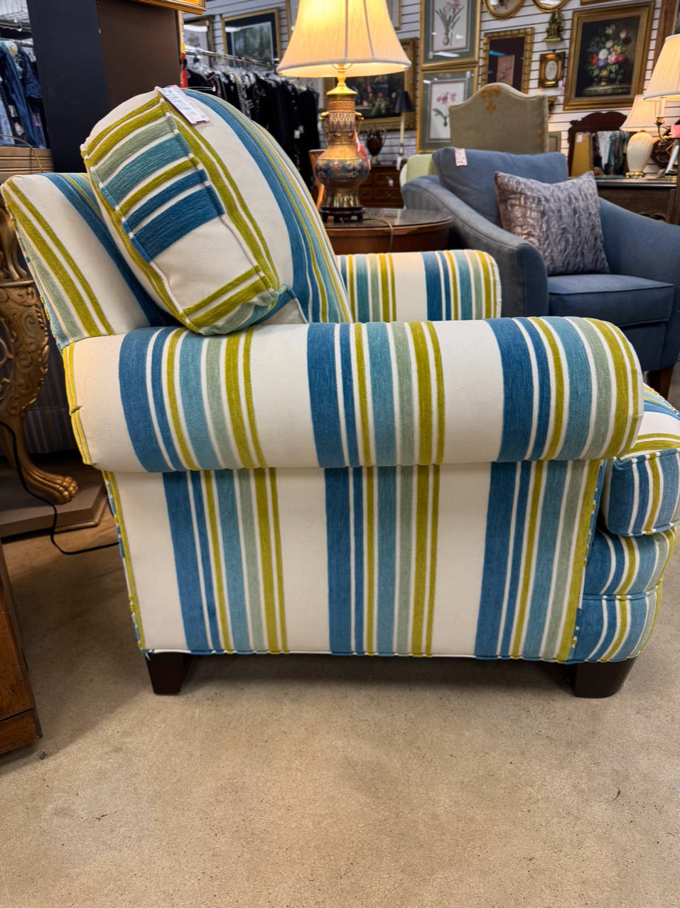 SHERRILL Ivory, Blue & Green Stripe Club Chair