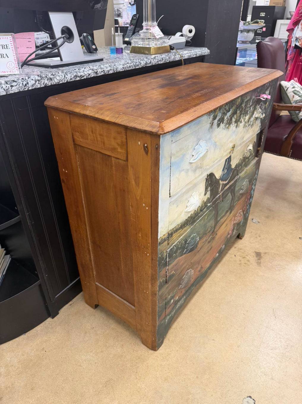 VINTAGE Painted Wood Girl On Horse 3 Drawer Chest