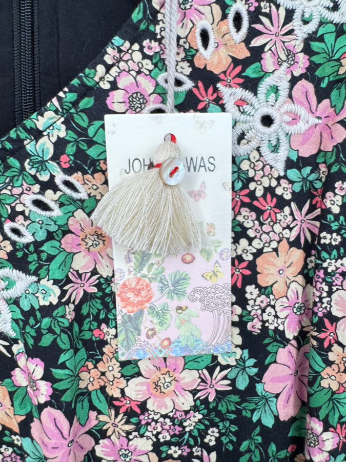 JOHNNY WAS Size S Green & Pink Floral Embroidered Rebekah Poplin Mini Dress NWT
