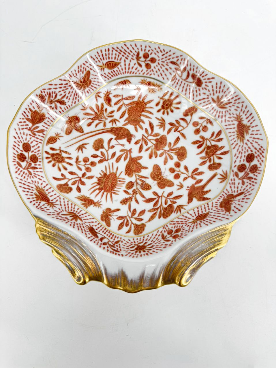 MOTTAHEDEH Rust & Gold Porcelain Sacred Bird and Butterfly Dish