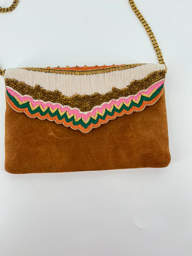 NAHUA Camel Beaded Suede Crossbody Bag