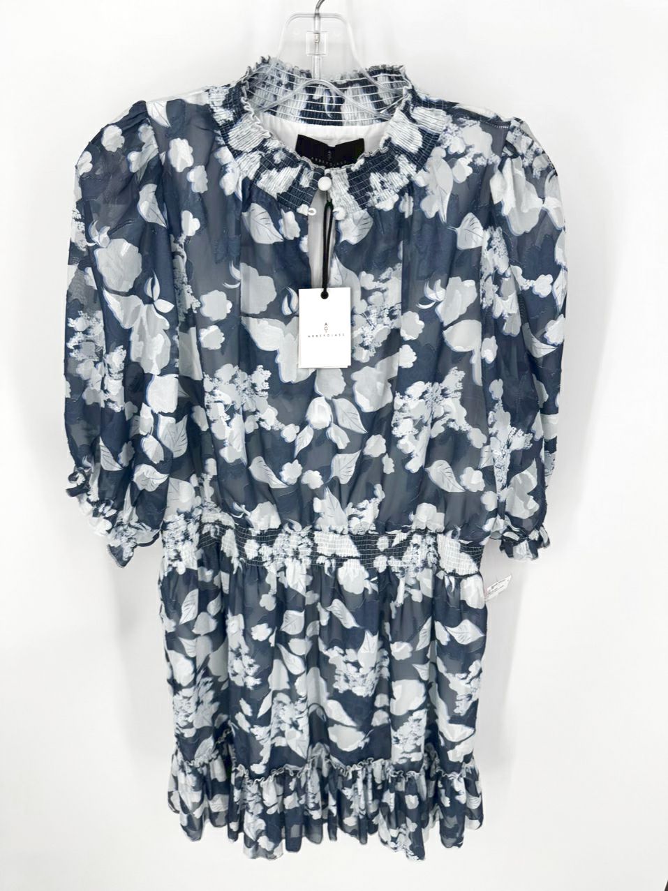 ABBEYGLASS Size L Dark Blue Floral Sheer Detail Bennett Dress NWT