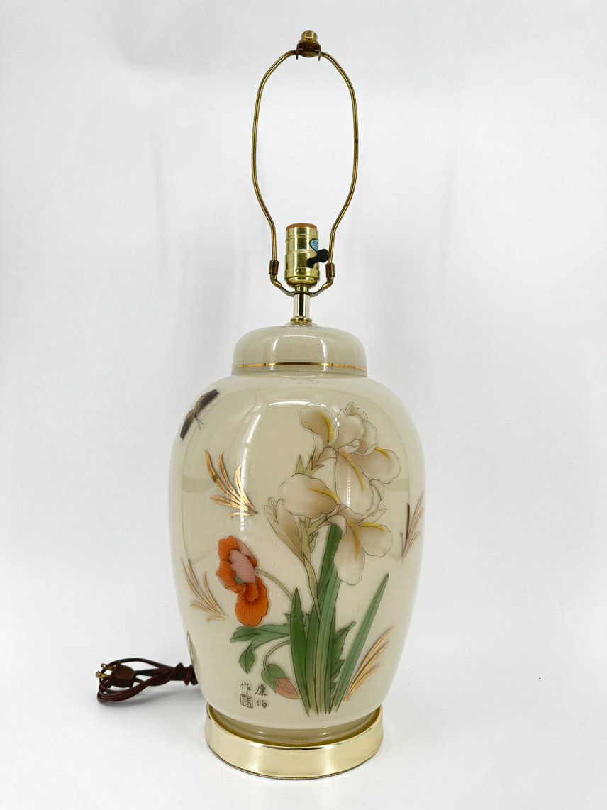 VINTAGE Orange & Green Glass Flowers Ginger Jar Lamp