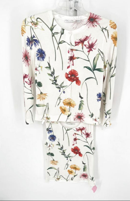 OSCAR DE LA RENTA Size M Beige Floral Print Cardigan & Shell 2pc Top