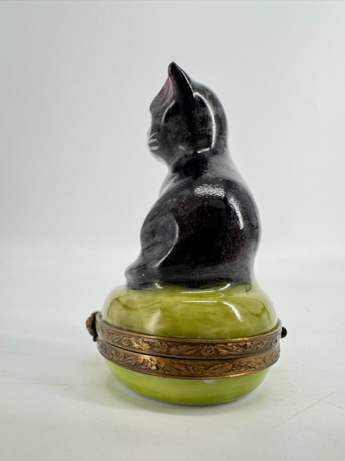 LIMOGES Black, Blue & Green Cat & Mug Ceramic Trinket Box