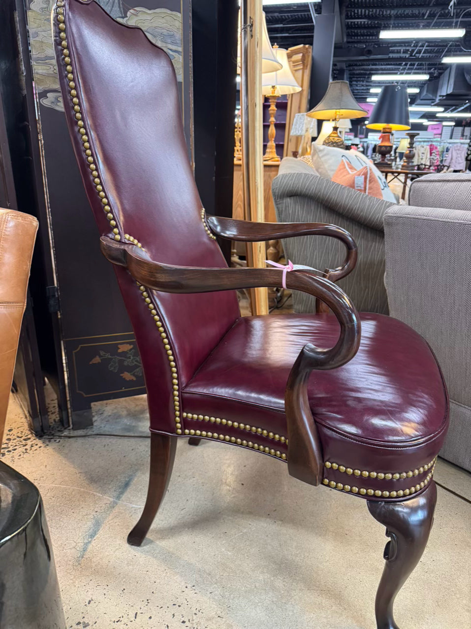 HICKORY CHAIR Wine Leather Queen Ann Nailhead Chair