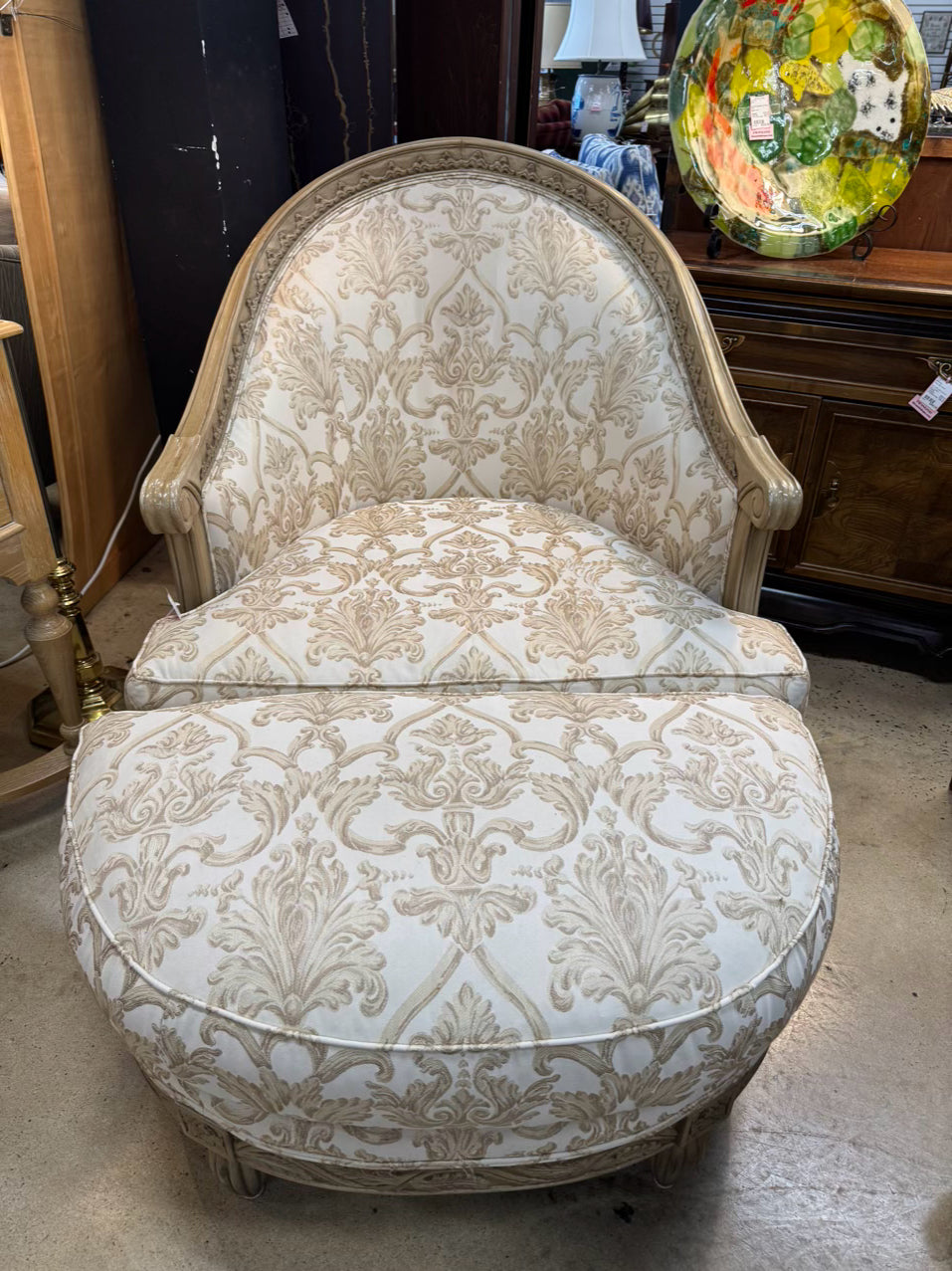 HENREDON Wood Cream Chair & Ottoman