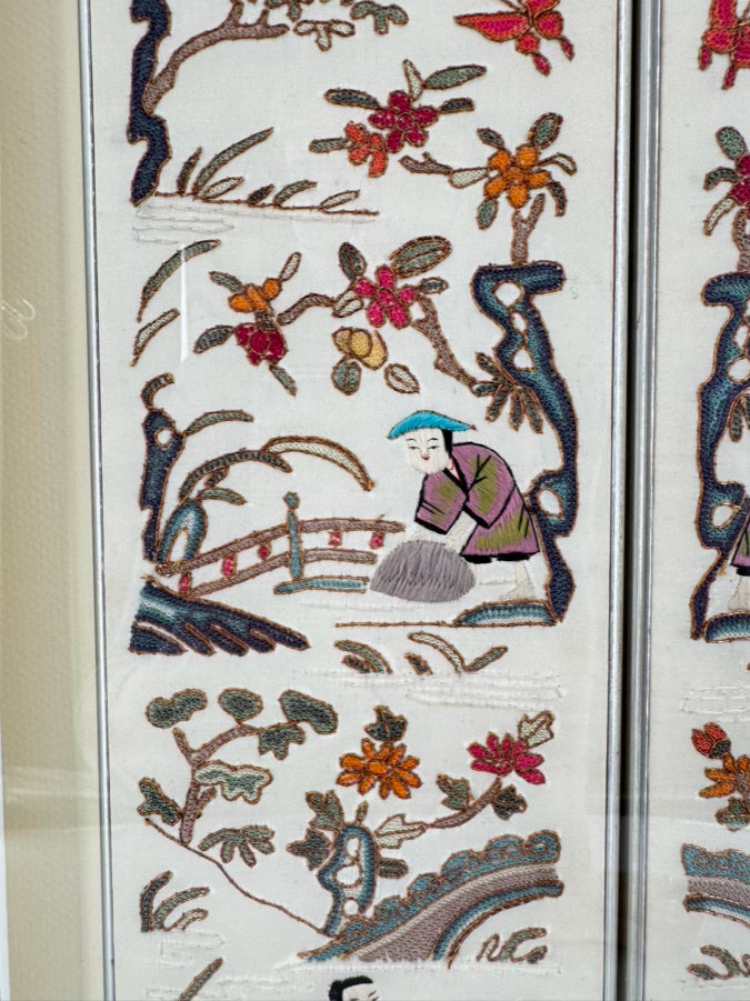 Cream Needlework Embroidered Silk Panels in Brushed Silver Shadow Box Frame