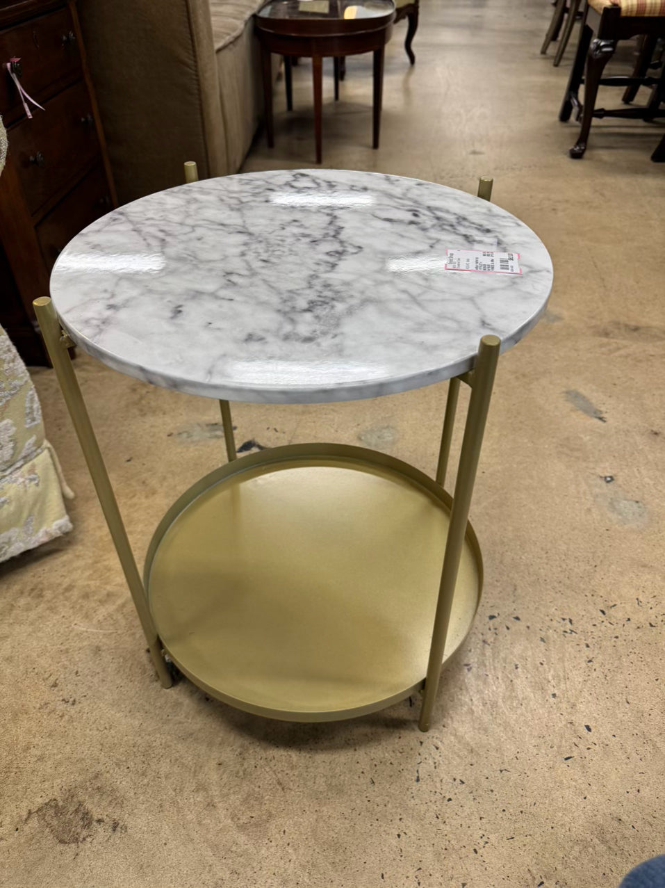 Gold & White Metal & Faux Marble Top Round Occasional Table