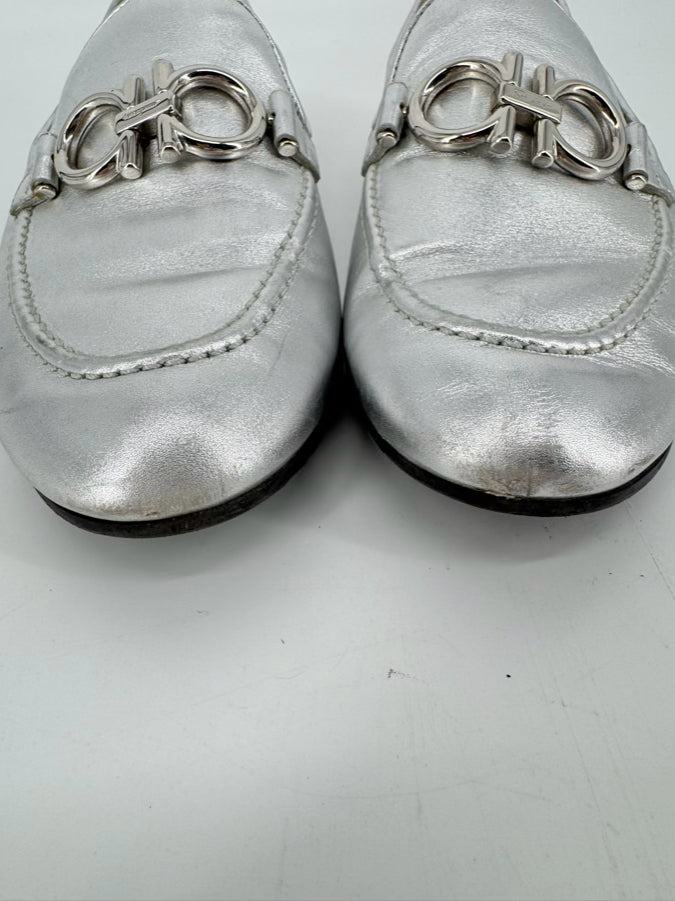 SALVATORE FERRAGAMO Size 8 Silver Leather Loafers
