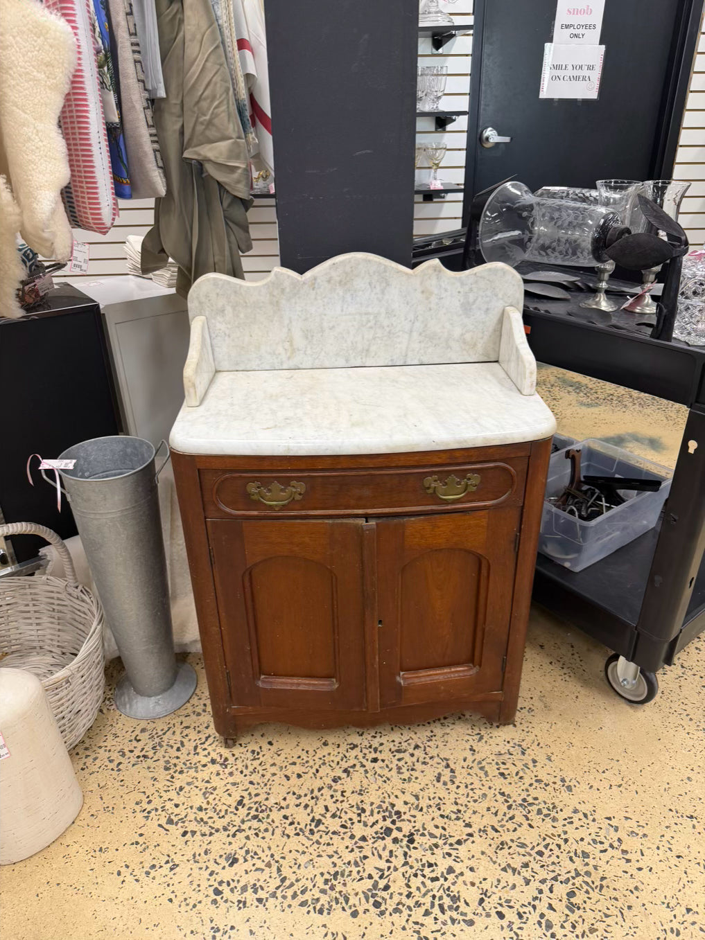 ANTIQUE Dark Brown Wood Wash Stand w/ Marble Top