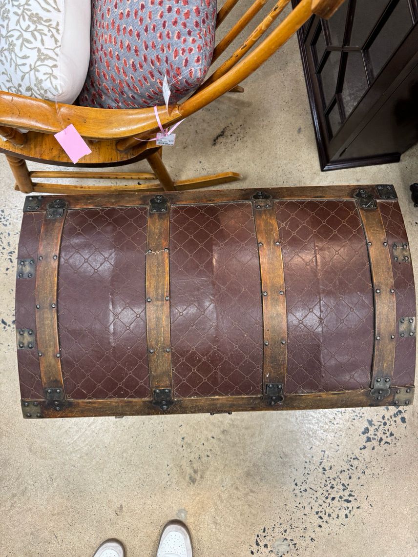 ANTIQUE Wood & Red Leather Rounded Top Trunk