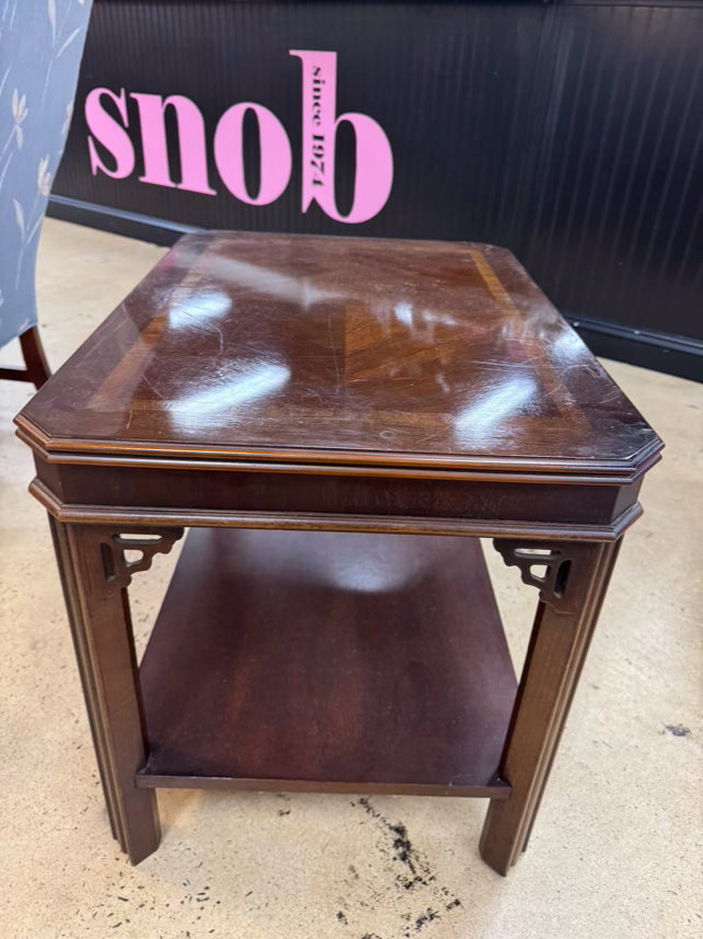 Wood Inlay Chippendale End Table w/ Bottom Shelf