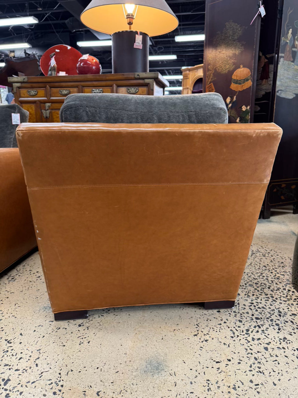 BAKER Brown & Green Coach Leather & Mohair Pair of Club Chairs
