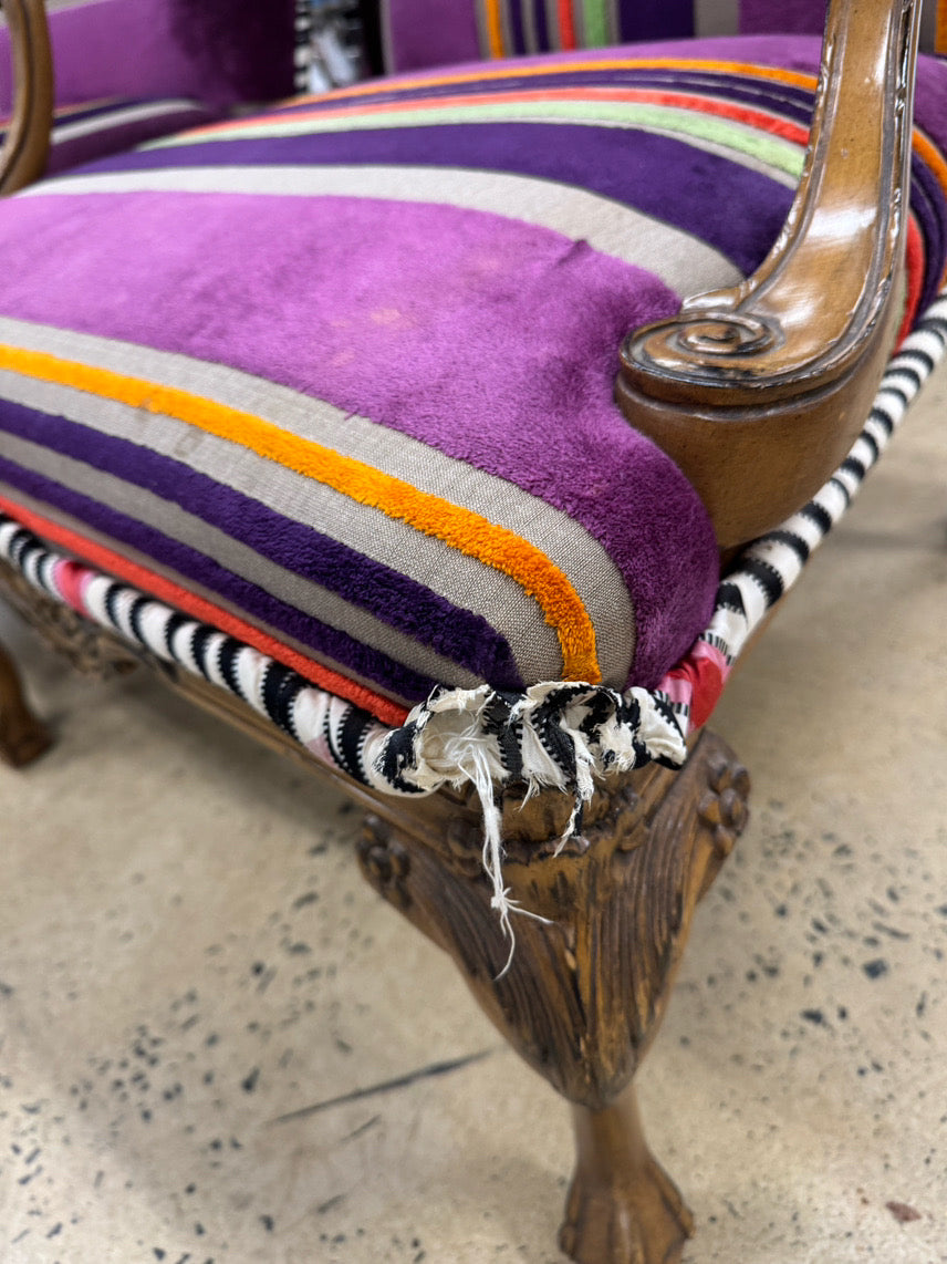 Purple & Orange Stripe Upholstered Queen Anne Ball & Claw Pair of Chairs