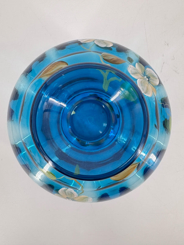 FENTON S. BRYAN Blue Glass Hand Painted Flowers Vase
