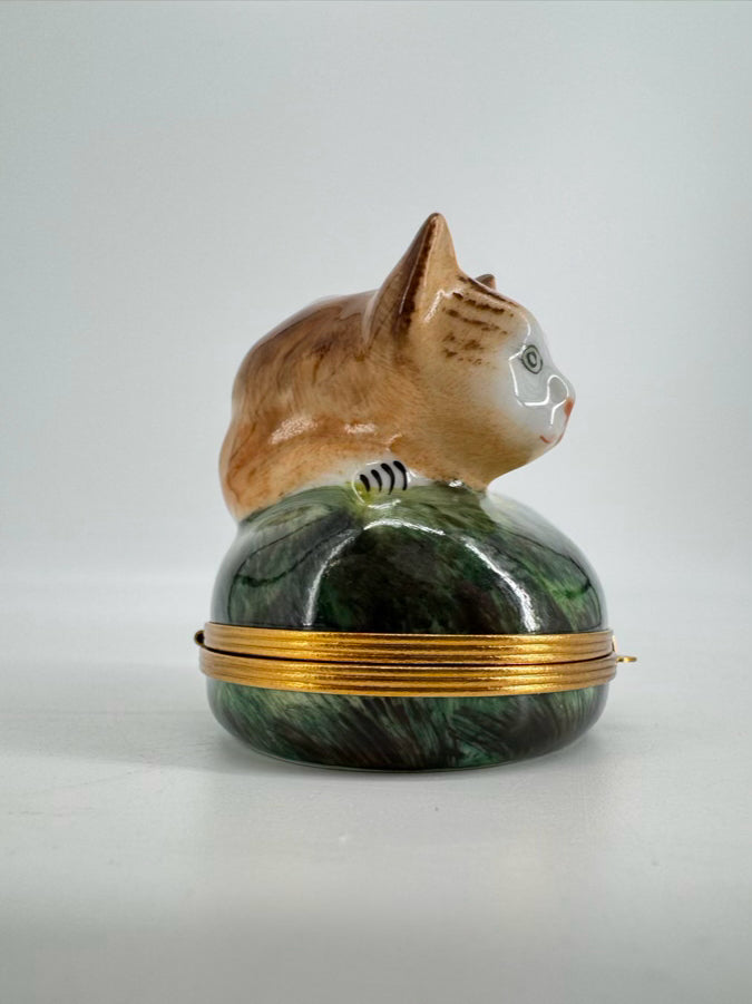 LIMOGES Brown & Green Cat Ceramic Trinket Box
