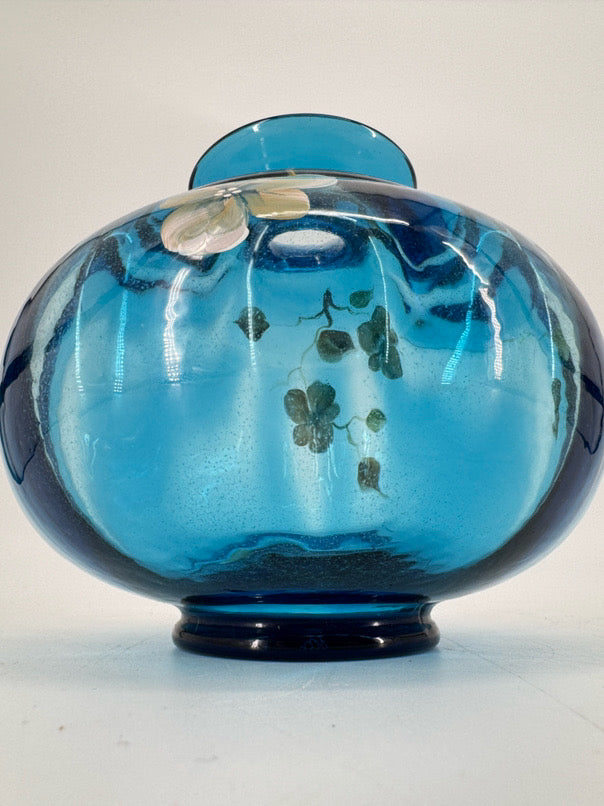 FENTON S. BRYAN Blue Glass Hand Painted Flowers Vase