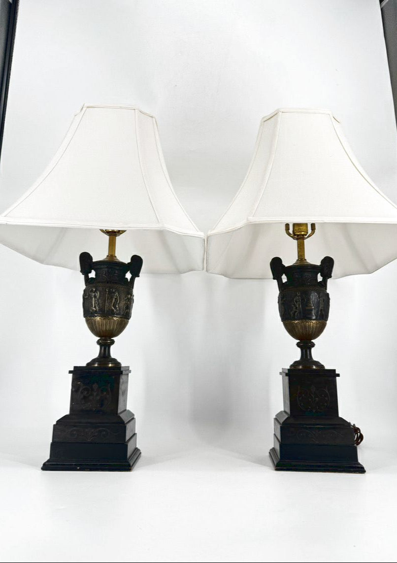 Black Neoclassical Urn Style Figural Pair of Lamps