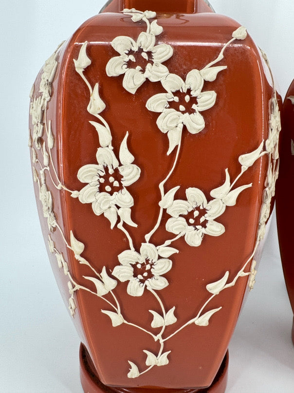Burnt Orange Glass Raised Flower Design Pair of Ginger Jar Lamps