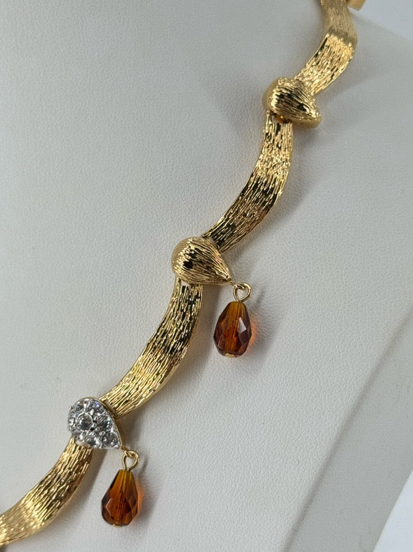 NOLAN MILLER Gold Tone Crystal & Glass Bead Scallop Design Necklace