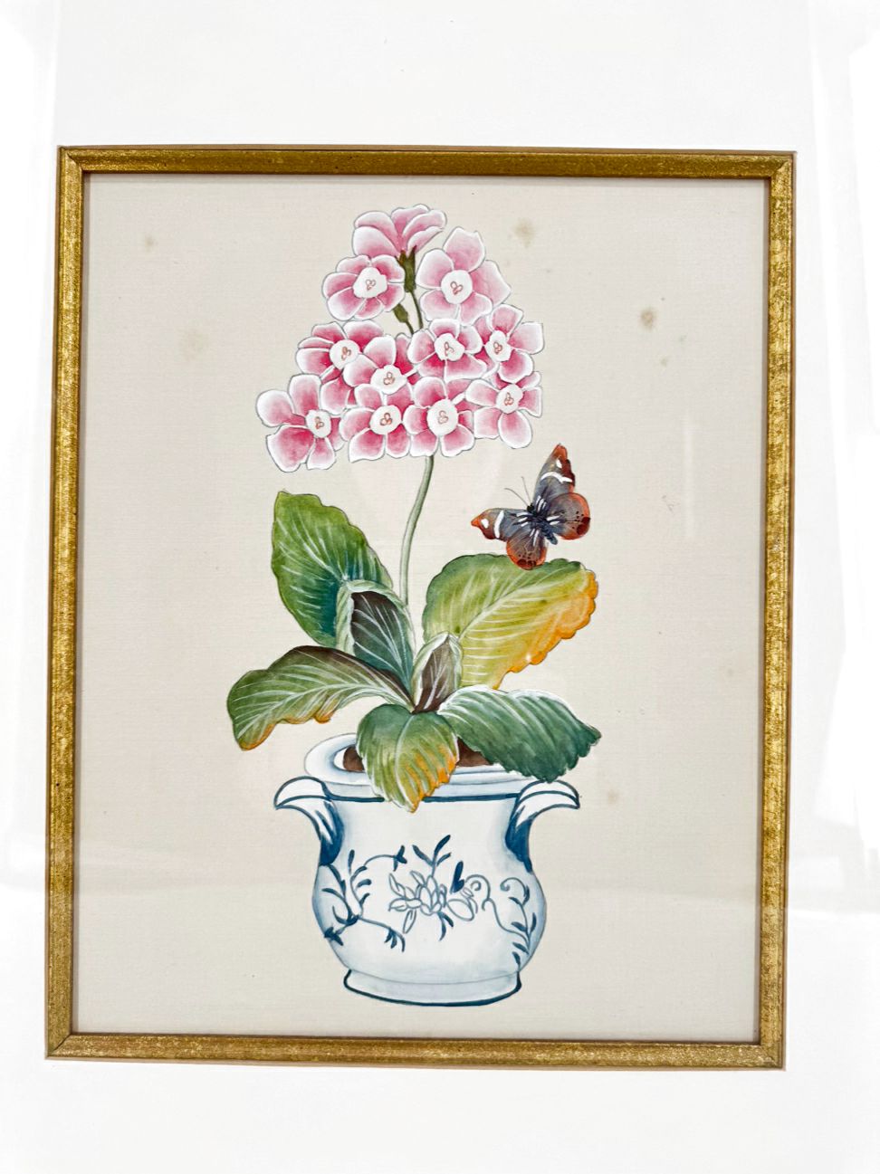 CHELSEA HOUSE Pink Flower w/ Butterfly Painting on Silk in Gold Frame