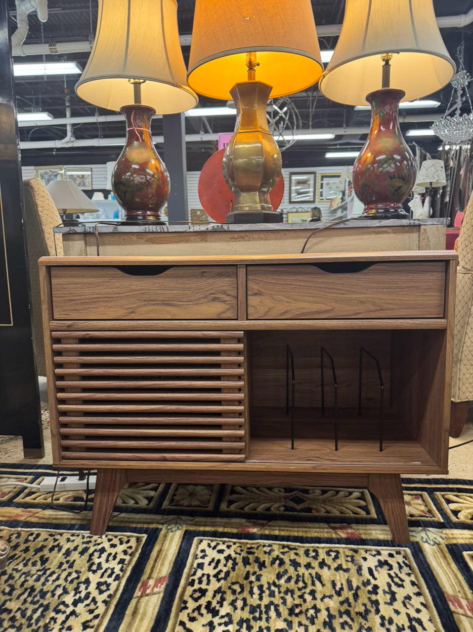 Wood Slat Record Cabinet w/ Sliding Door