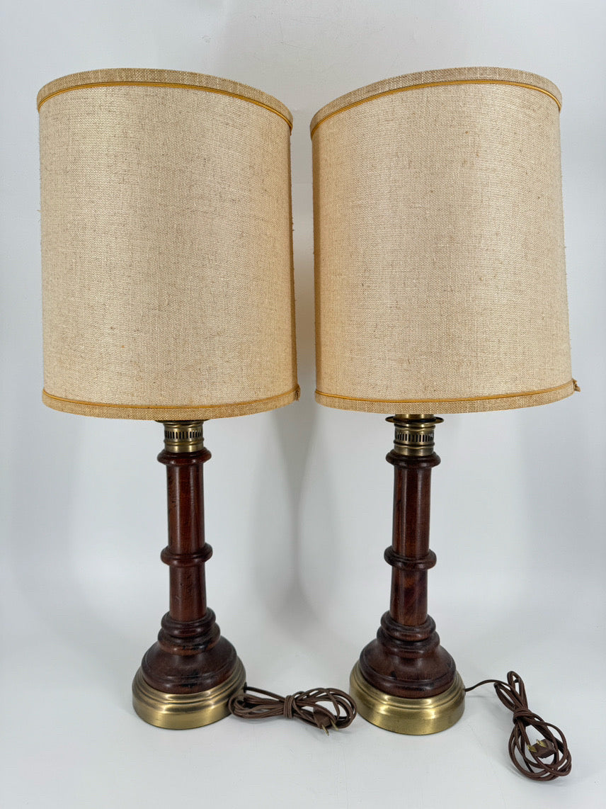 VINTAGE Wood & Brass Pair of Lamps