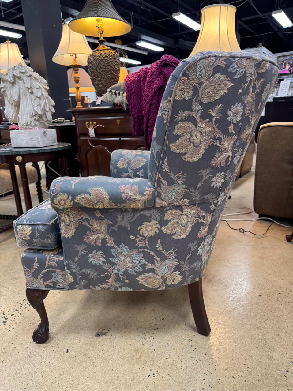 VINTAGE Blue & Pink Barrel Back Floral Chair w/ Queen Anne Legs