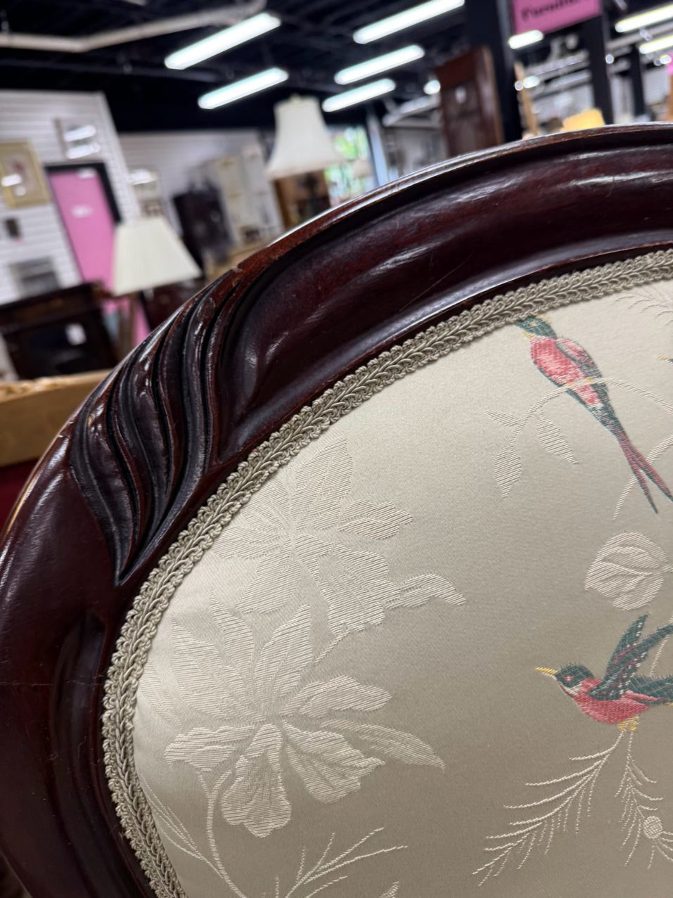 VINTAGE Wood Cream, Pink & Green Birds Upholstered Rocking Chair