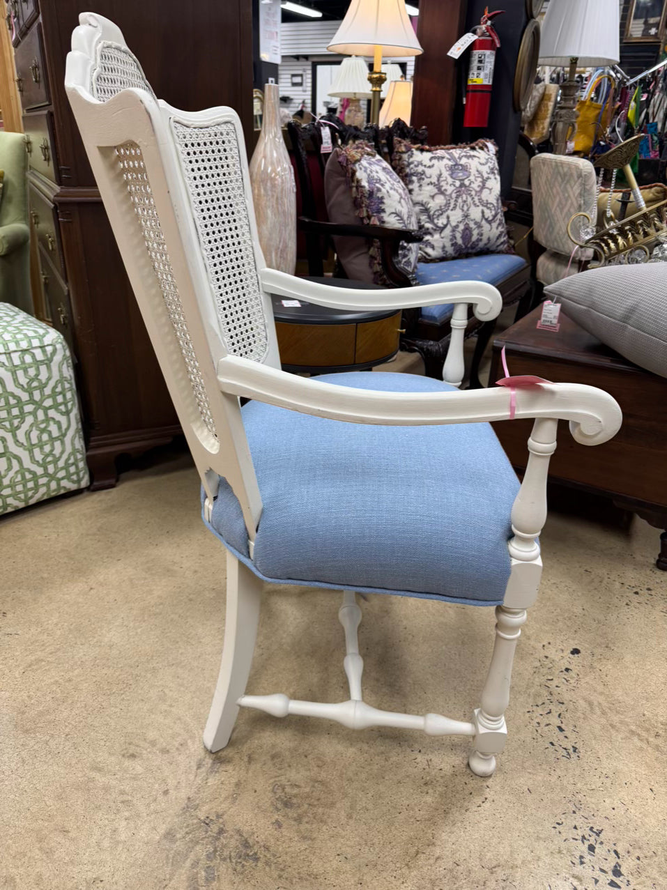 VINTAGE White Wood Blue Upholstered Cane Back Chair