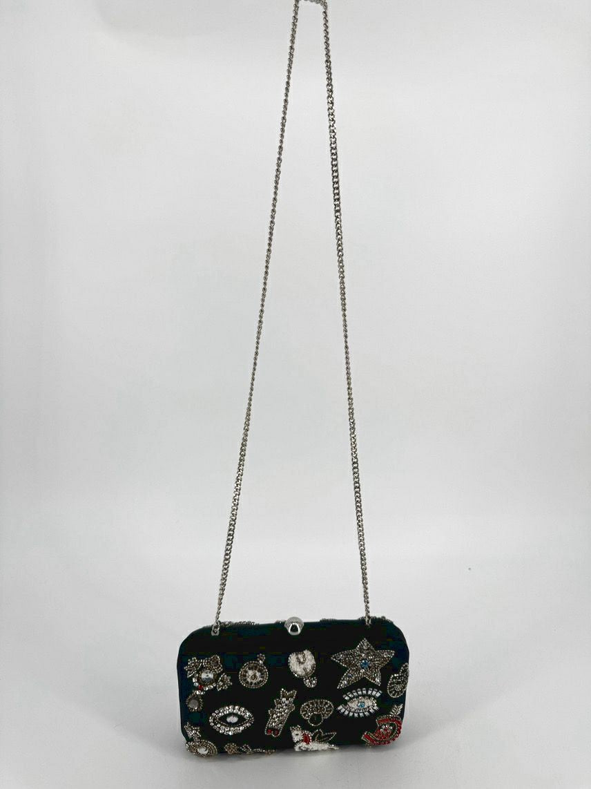 TIANA Black Beaded Eyes Clutch Bag w/ Crossbody Strap