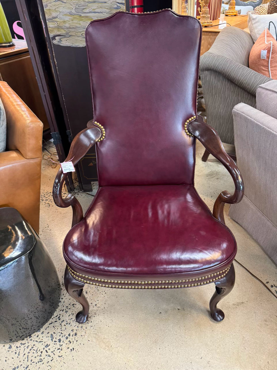 HICKORY CHAIR Wine Leather Queen Ann Nailhead Chair