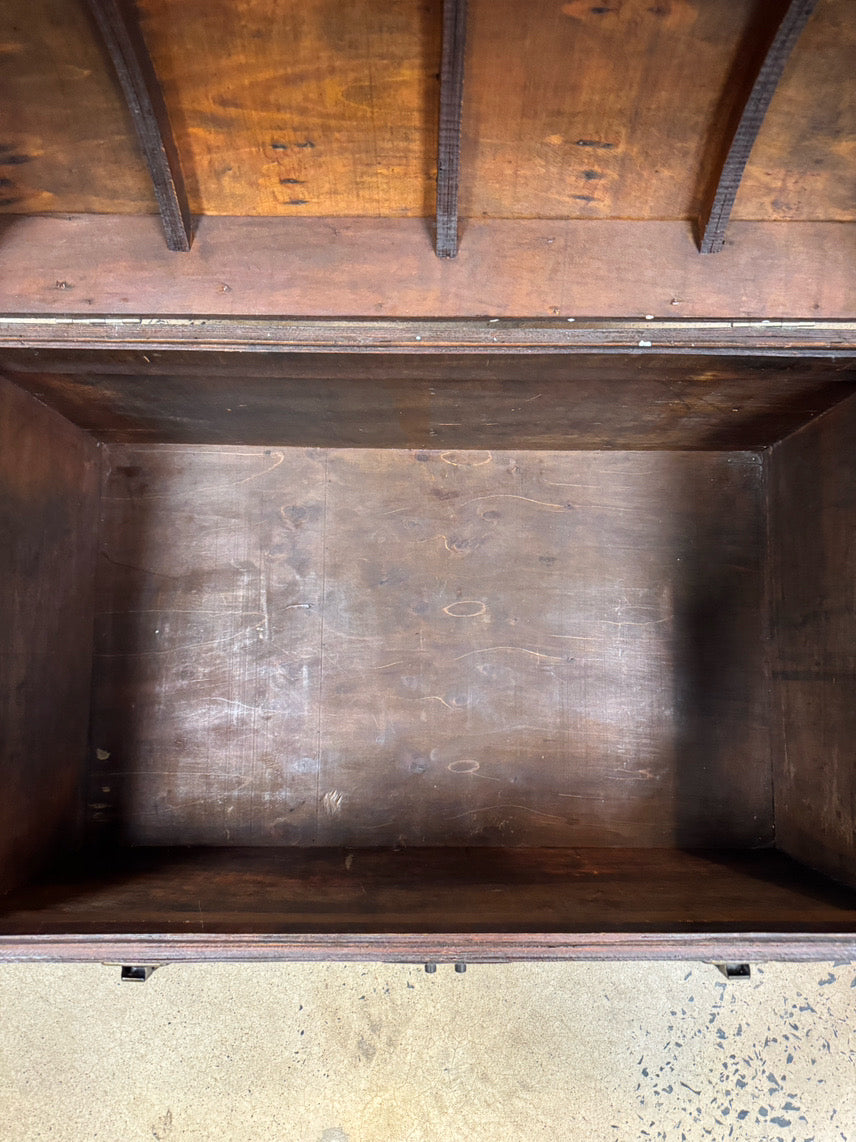 ANTIQUE Wood & Red Leather Rounded Top Trunk