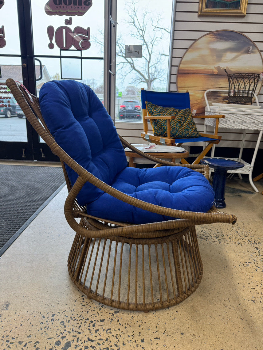 Tan Wicker Chair w/ Blue Cushions