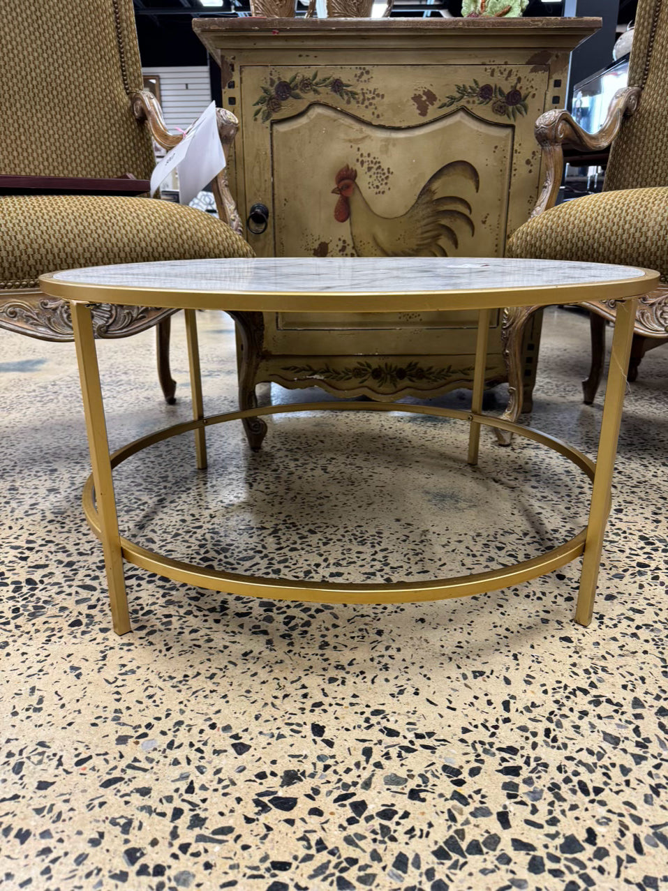 Gold & White Metal & Faux Marble Top Round Coffee Table