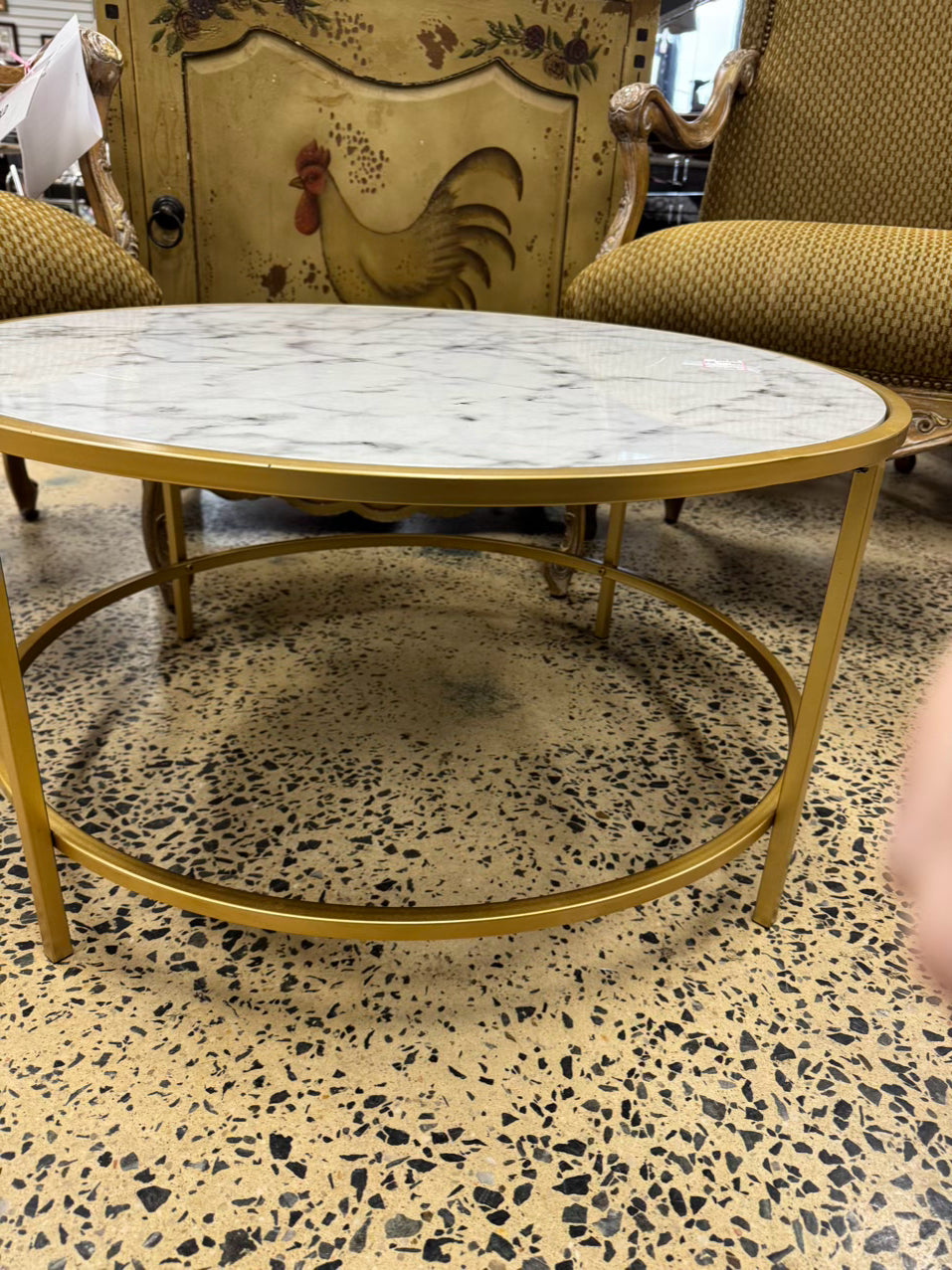 Gold & White Metal & Faux Marble Top Round Coffee Table