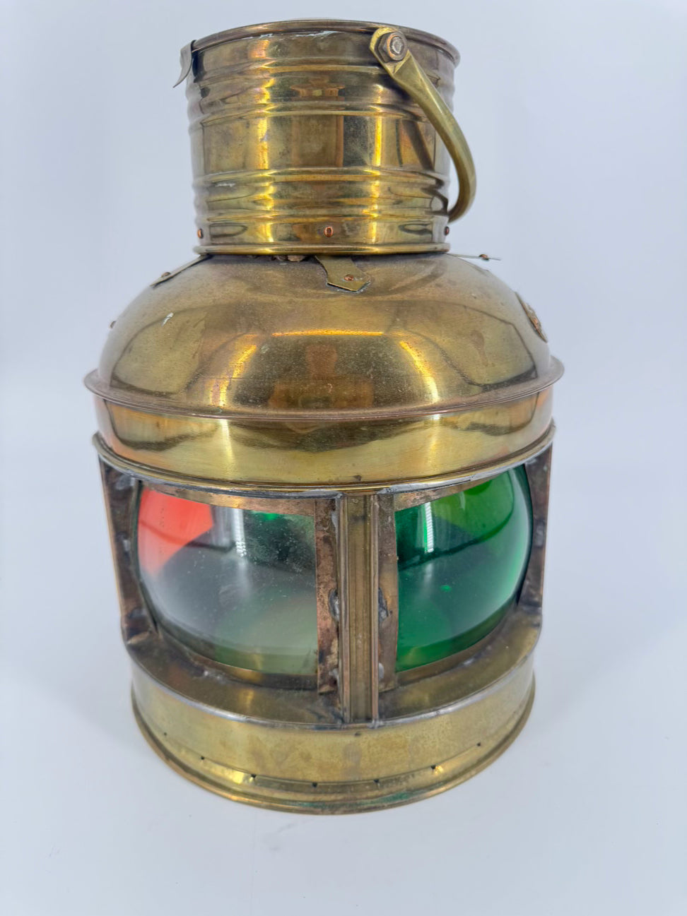 VINTAGE Brass Green & Red Glass Kerosene Lantern