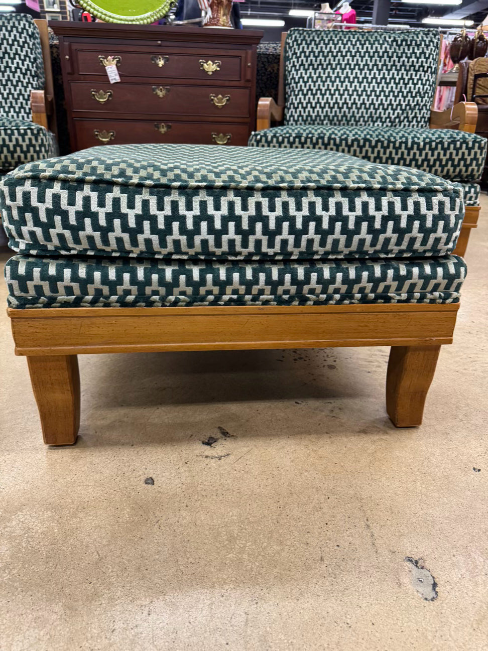 Wood Green Geometric Upholstered Pair of Chairs w/ Ottoman