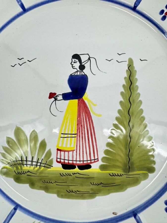 QUIMPER Green & Blue Woman in Field Decorative Plate