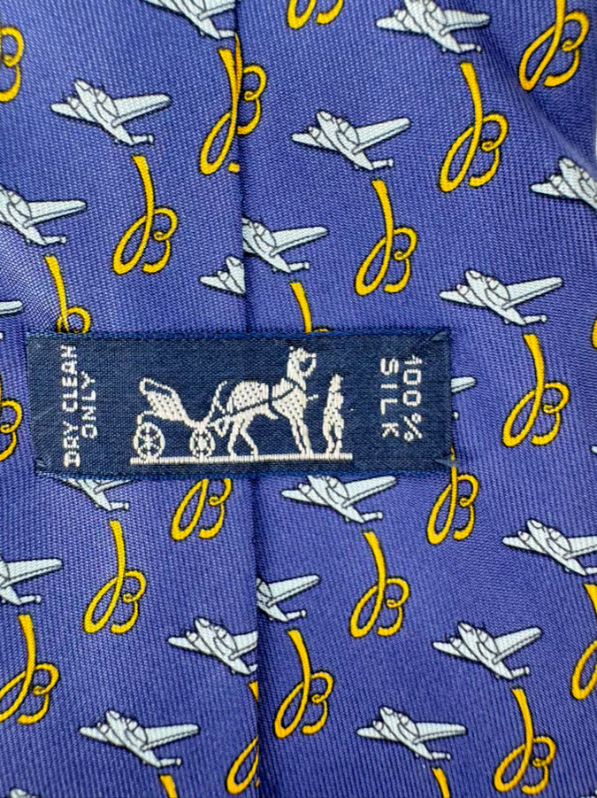 HERMES Blue & Yellow Airplane Silk Tie