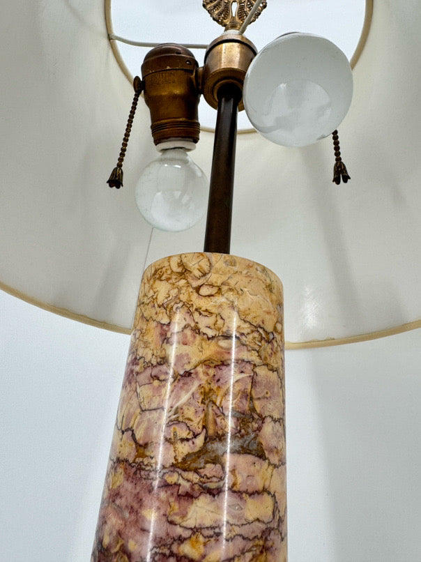 Cream & Pink Marble & Brass Trim Neoclassical Gladiators Pair of Lamps