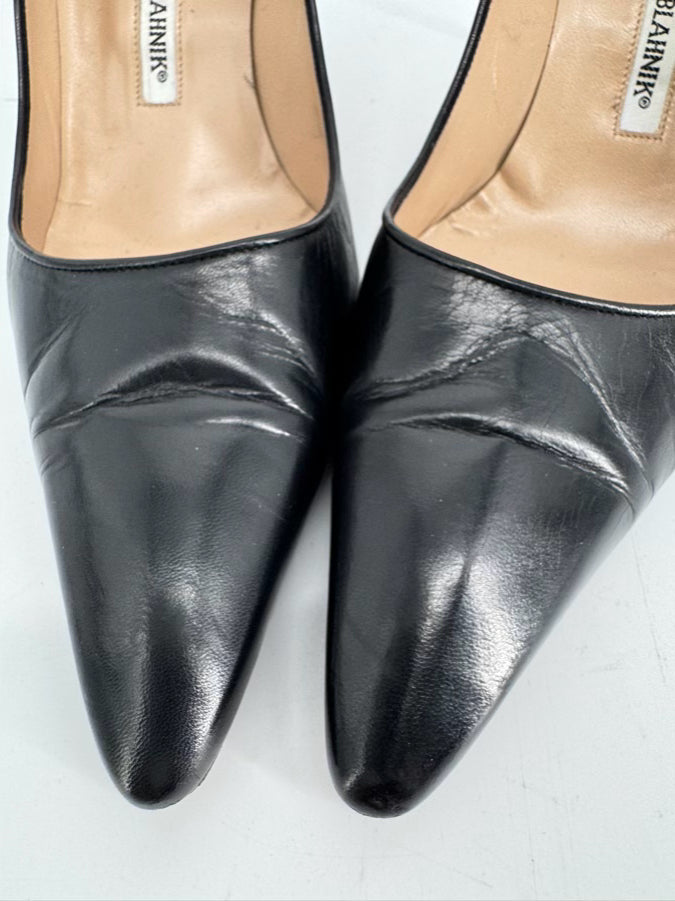 MANOLO BLAHNIK Size 38.5 Black Leather Heels