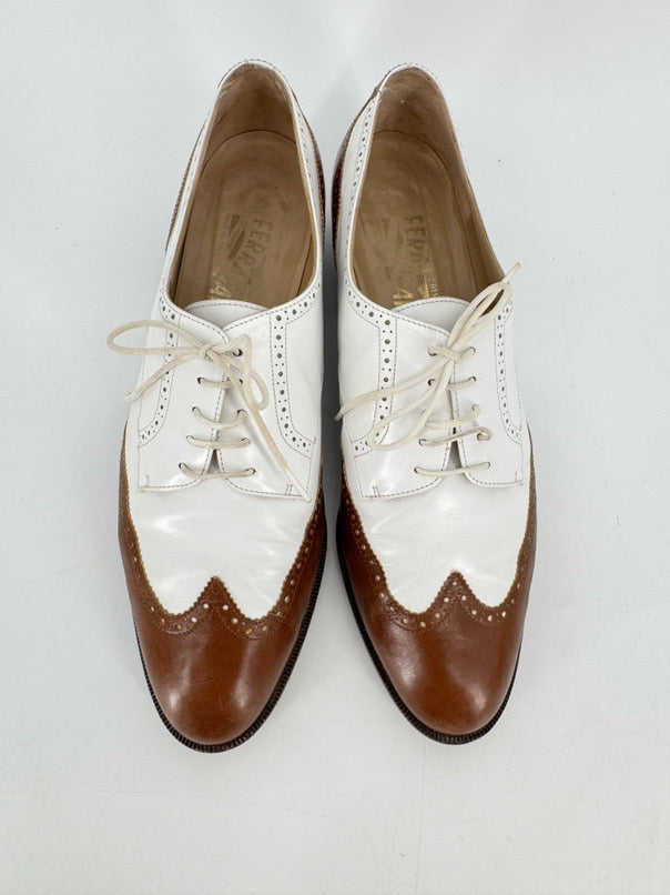 SALVATORE FERRAGAMO Size 9.5 White & Brown Leather Oxford
