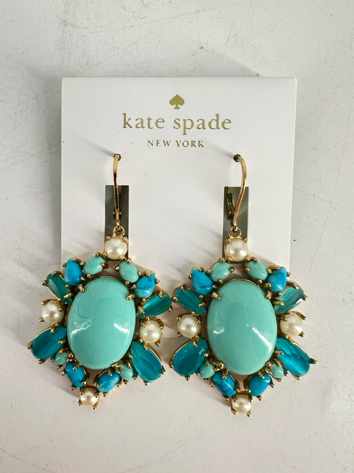 KATES SPADE Blue Rhinestone Faux Pearl Gold Tone Earrings
