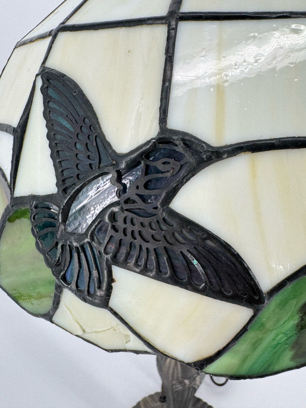 Purple & Green Glass & Metal Hummingbird Tiffany Style Lamp