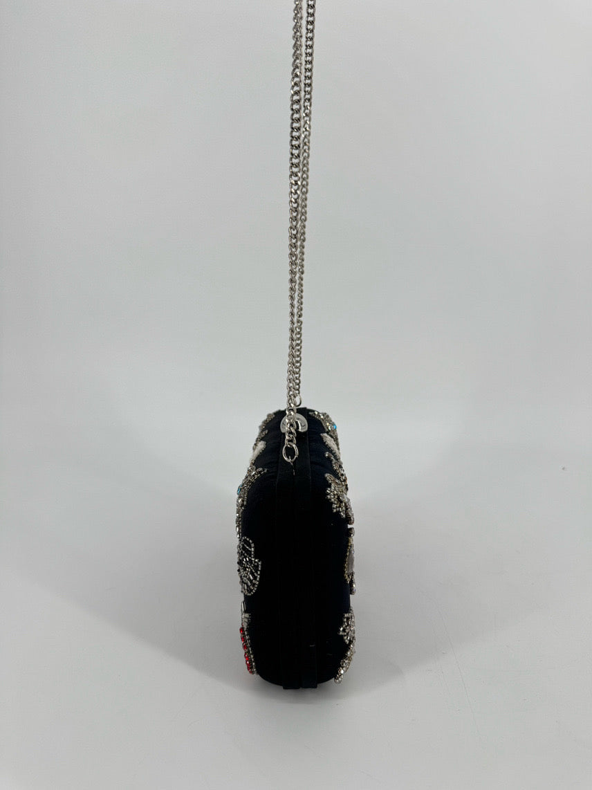 TIANA Black Beaded Eyes Clutch Bag w/ Crossbody Strap